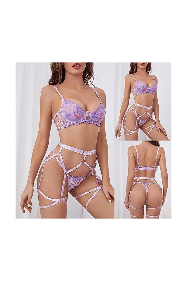 Kitty Lingerie de de Fleurs de sous-vêtements Amusants pour Femmes Voir à Travers lensemble de sous-vêtements Sexy Creux Lin