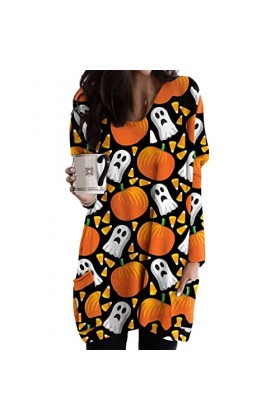 Femmes Robe une Pièce Jupe de Sommeil Halloween Design Manches Longues Col Rond avec Grandes Poches S 