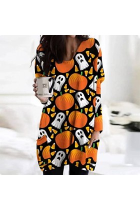 Femmes Robe une Pièce Jupe de Sommeil Halloween Design Manches Longues Col Rond avec Grandes Poches S 