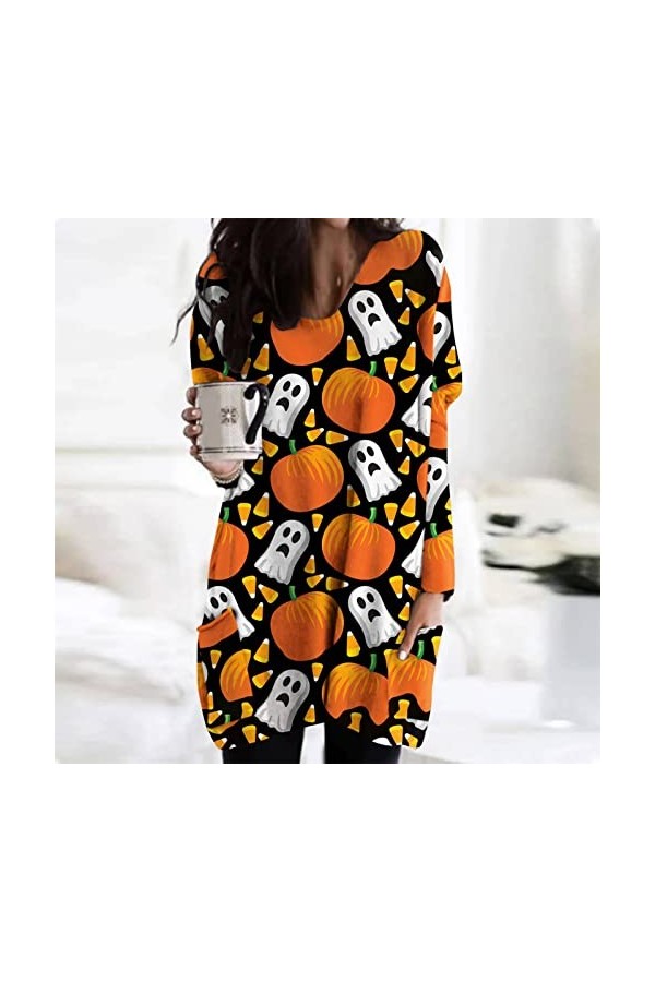 Femmes Robe une Pièce Jupe de Sommeil Halloween Design Manches Longues Col Rond avec Grandes Poches S 