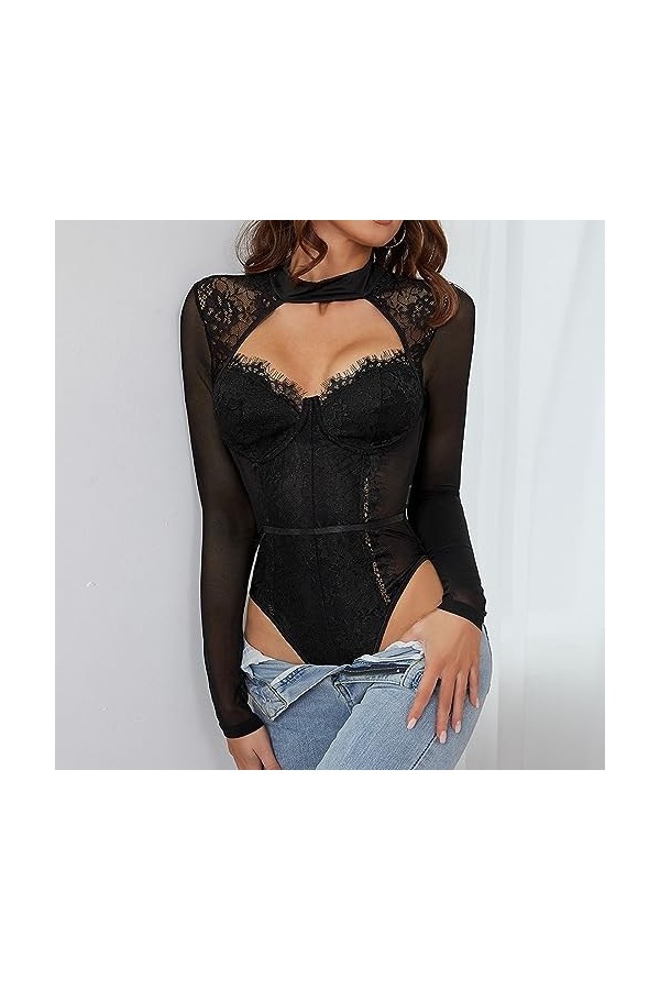 HERSIL Lot de 2 sous-vêtements sexy pour femme - Lingerie sexy - Dos nu - String taille haute, Noir , L