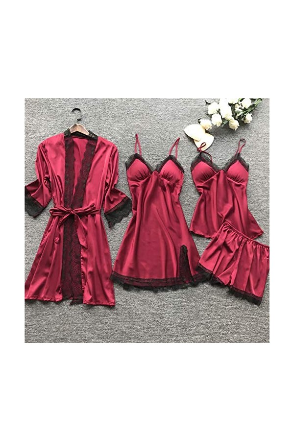 Luckywaqng Lingerie sexy en dentelle et soie - Pour femme - Noir, rouge, XXXXL