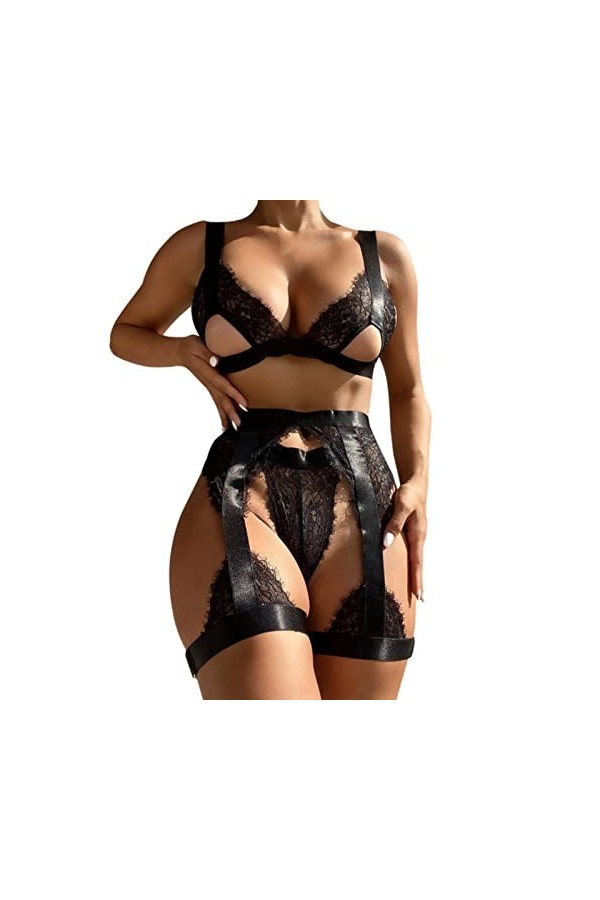 Plus La Taille Sexy Lingerie Femmes Lingerie Ensemble Ouvert Poitrine Soutien-Gorge Culotte Ensemble Sheer Lingerie 3 Pièces 