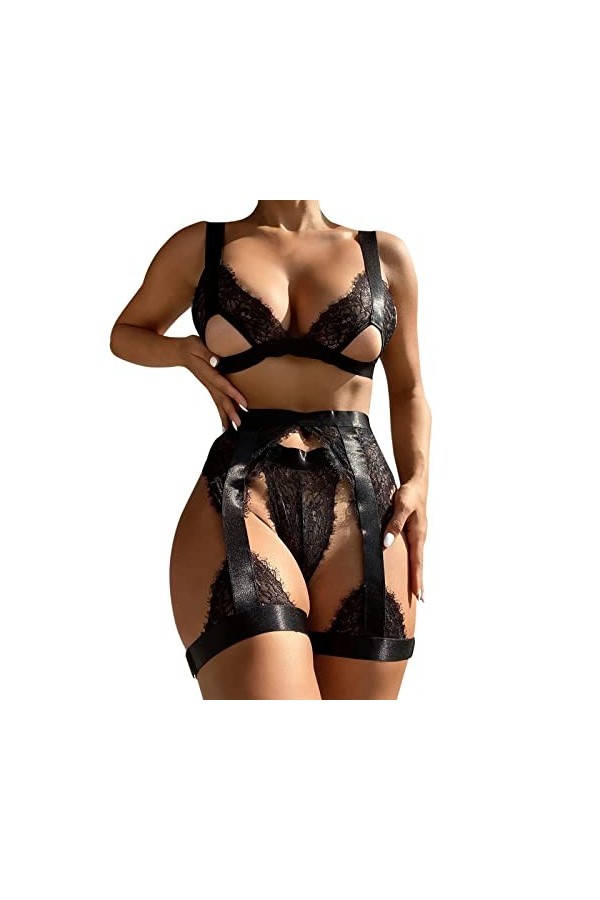 Plus La Taille Sexy Lingerie Femmes Lingerie Ensemble Ouvert Poitrine Soutien-Gorge Culotte Ensemble Sheer Lingerie 3 Pièces 