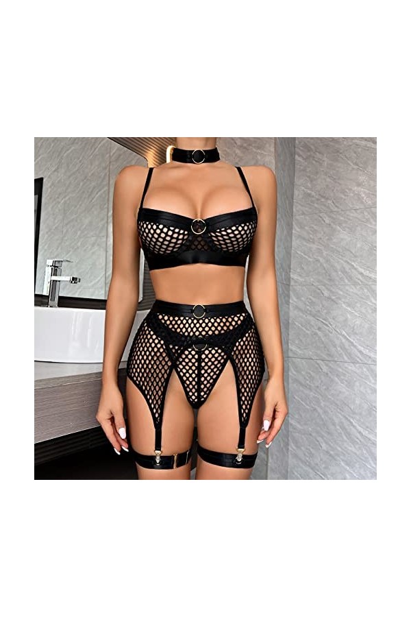 sous-vêtements Sexy pour Femmes Quatre pièces de Grande épissure en Maille avec Anneau en Acier Crochet de Cou Ensemble de so