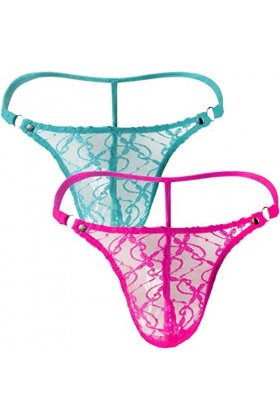 Anzhee Lot de 2 strings en dentelle pour homme sexy string pour homme, Bleu + rose rouge, taille unique