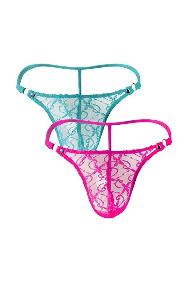 Anzhee Lot de 2 strings en dentelle pour homme sexy string pour homme, Bleu + rose rouge, taille unique