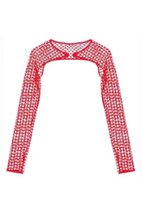 Lingerie Erothique Sexy Haut Court en Résille À Manches Longues Transparent avec Joint Torique Long, Rouge, 3XL