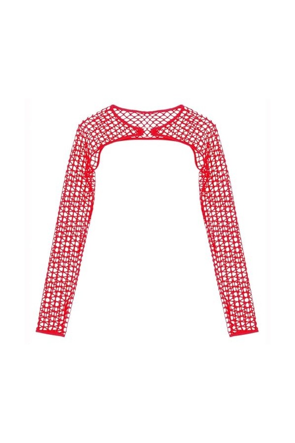 Lingerie Erothique Sexy Haut Court en Résille À Manches Longues Transparent avec Joint Torique Long, Rouge, 3XL
