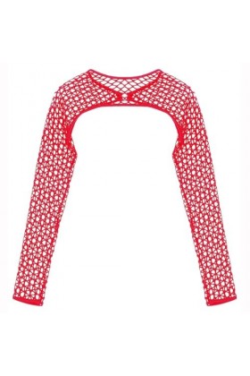 Lingerie Erothique Sexy Haut Court en Résille À Manches Longues Transparent avec Joint Torique Long, Rouge, 3XL