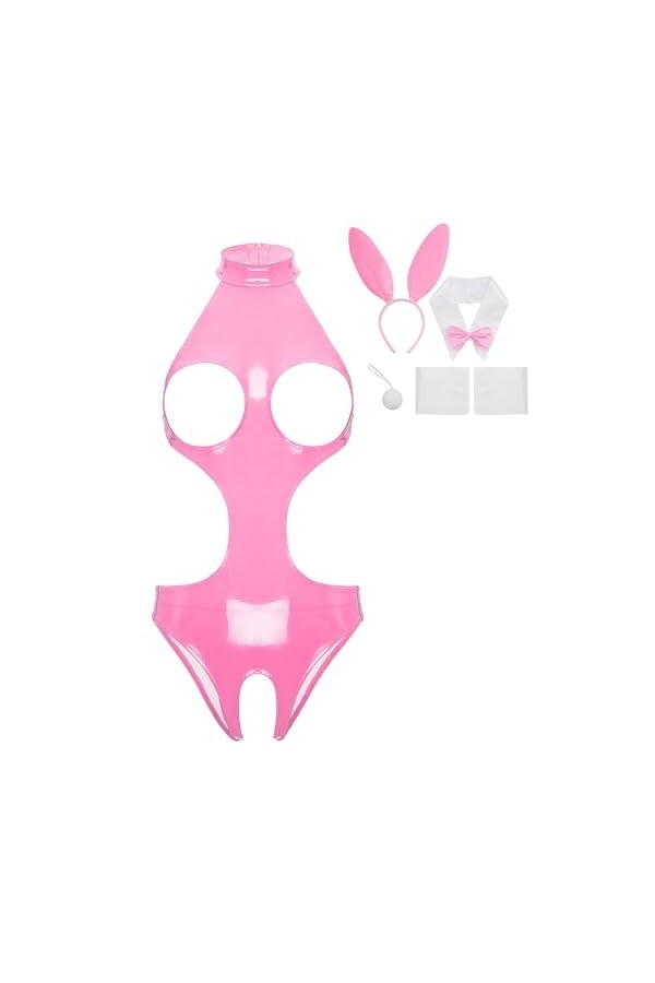 JEATHA Costume De Lapin Sexy Femme Bodysuit Sexy Ouvert Poitrine Catsuit Similicuir Sans Manches Ensemble Lingerie Séduction 