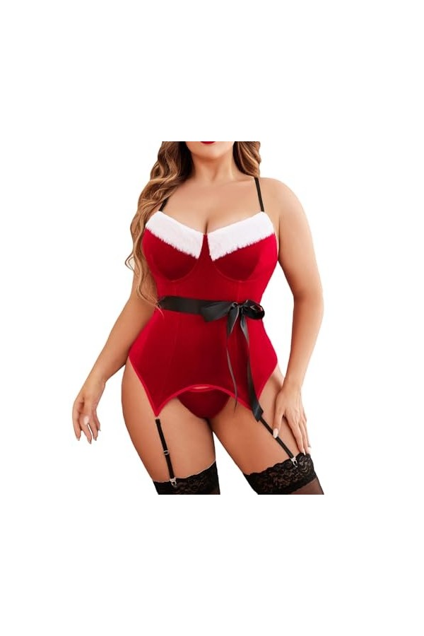 Fulidngzg Costume de Noël sexy pour femme - Body rouge sexy - Sous-vêtements de Noël - Lingerie sexy pour sexe de Noël - Nuis
