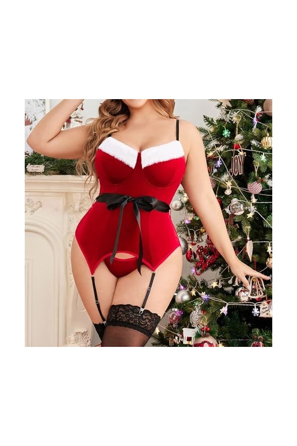 Fulidngzg Costume de Noël sexy pour femme - Body rouge sexy - Sous-vêtements de Noël - Lingerie sexy pour sexe de Noël - Nuis