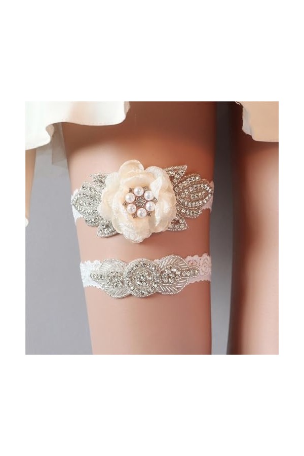 QRONCES Ensemble porte-jarretelles en dentelle extensible avec strass et perles de cristal transparent pour fête de mariage
