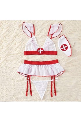 MIYUE Femmes Lingerie Bobydoll Grande Taille Décolleté en V Tentation Sexy Transparent Dentelle Robe Trois Points Infirmière 