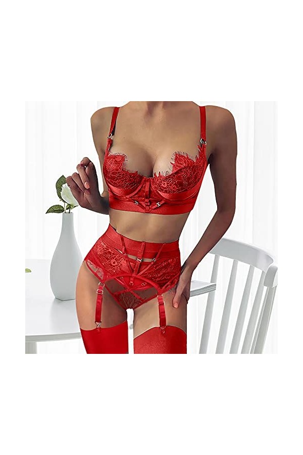 liaddkv Dentelle Sous-vêtements Couture Cils Pyjama Sexy Femme Lingerie Sexy Noir Rouge, rouge, S