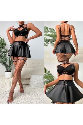 Lingerie Transparente Grande Taille en Dentelle Sexy Soutien-Gorge Noir Ensemble de sous-vêtements en Cuir Solide Tablier Sex