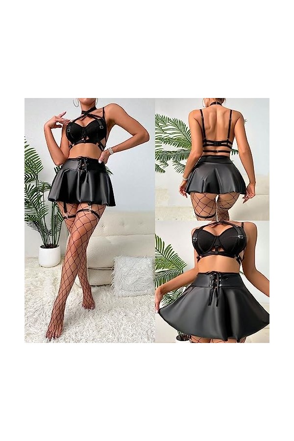 Lingerie Transparente Grande Taille en Dentelle Sexy Soutien-Gorge Noir Ensemble de sous-vêtements en Cuir Solide Tablier Sex