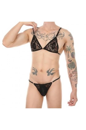 Hommes Sexy Dentelle Soutien-Gorge Culotte Habiller sous-Vêtements Réglable Cosplay Costume sous-Vêtements-Bleu Ensemble-L