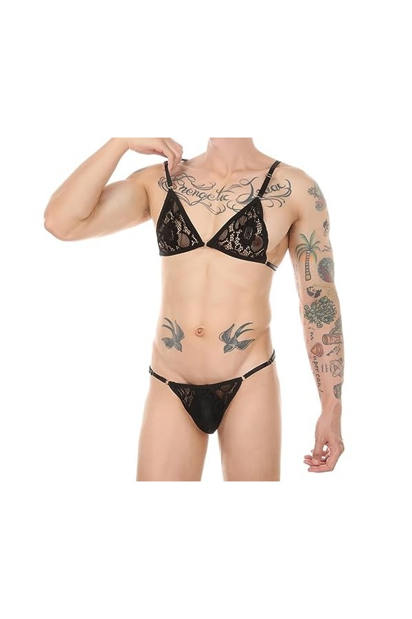 Hommes Sexy Dentelle Soutien-Gorge Culotte Habiller sous-Vêtements Réglable Cosplay Costume sous-Vêtements-Bleu Ensemble-L