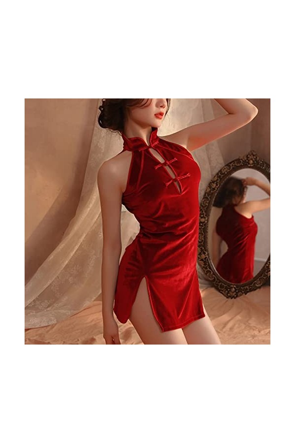 QWUVEDS Femmes Lingerie Cheongsam Costume Anime Costume Sexy Argent Chapeaux Allaitement