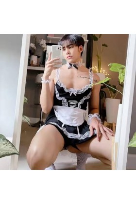 WRAZA Costume de Femme Chambre pour Hommes, Costume de Serveur pour Hommes Costumes Érotiques Travesti Gay Uniforme de Traves