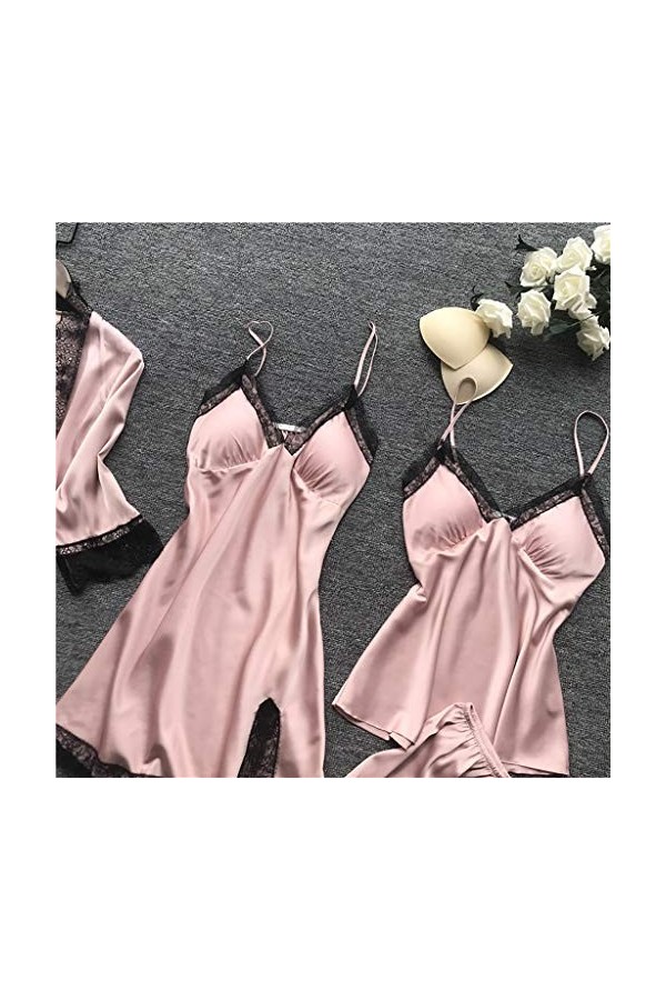 Pyjama 4 pièces en satin pour femme - Sexy en coton - Mode sexy - Dentelle - Sous-vêtements de nuit - Pyjama - Vêtement de nu
