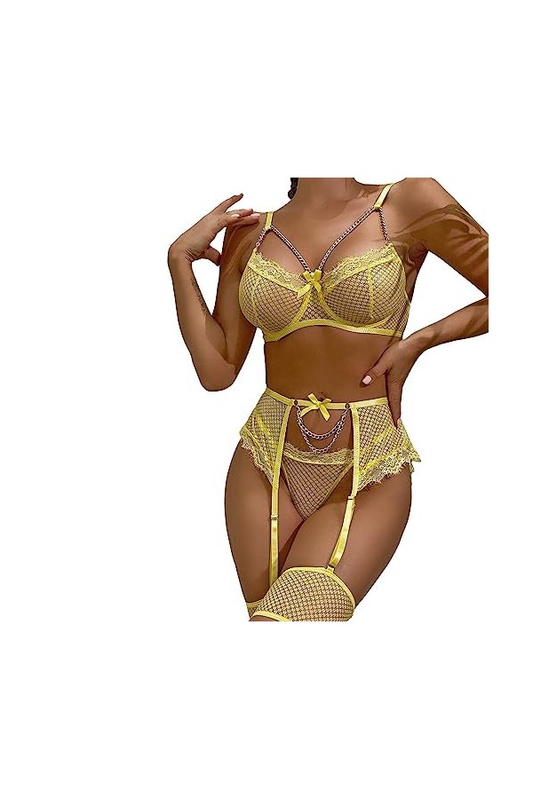 Nuisette Sexy Sensuelle Grande Taille Unie Dentelle chaîne en métal Creuse Sexy Voir à Travers lensemble de sous-vêtements A