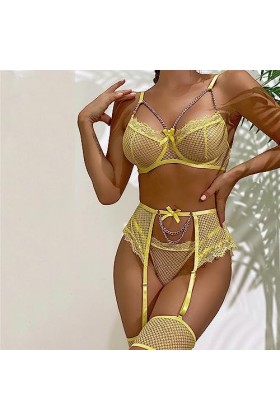 Nuisette Sexy Sensuelle Grande Taille Unie Dentelle chaîne en métal Creuse Sexy Voir à Travers lensemble de sous-vêtements A