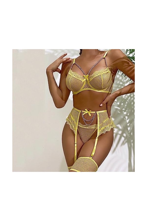 Nuisette Sexy Sensuelle Grande Taille Unie Dentelle chaîne en métal Creuse Sexy Voir à Travers lensemble de sous-vêtements A