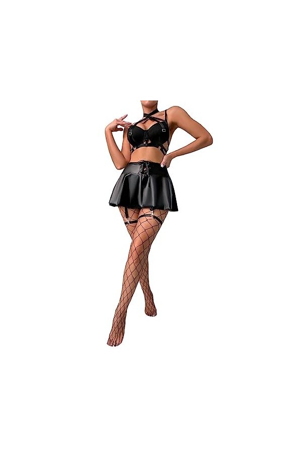 Lingerie Transparente Grande Taille en Dentelle Sexy Soutien-Gorge Noir Ensemble de sous-vêtements en Cuir Solide Tablier Sex