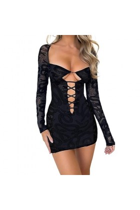 BHAWAN Robe sexy en maille à pois pour femme - Dos nu - Manches longues - Découpe en dentelle transparente - Mini robe de boî