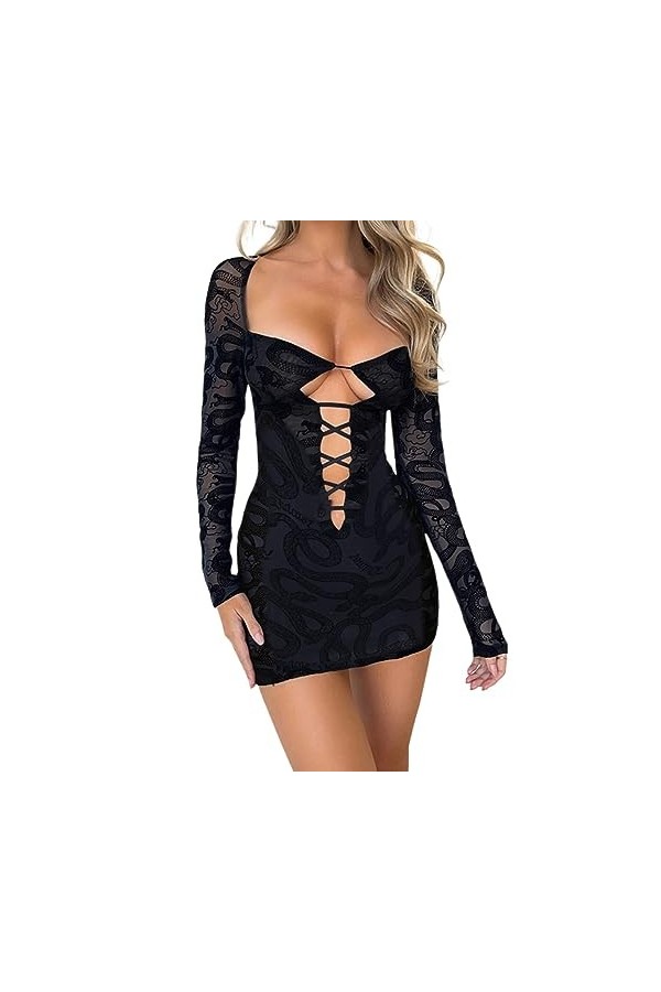 BHAWAN Robe sexy en maille à pois pour femme - Dos nu - Manches longues - Découpe en dentelle transparente - Mini robe de boî