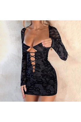 BHAWAN Robe sexy en maille à pois pour femme - Dos nu - Manches longues - Découpe en dentelle transparente - Mini robe de boî