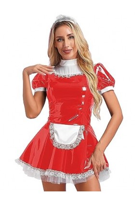 Agoky Robe De Soirée Cocktail Dentelle Déguisement Servante Femme De Chambre Sexy Soubrette Cuir Verni Costume Jeu De Rôle Un