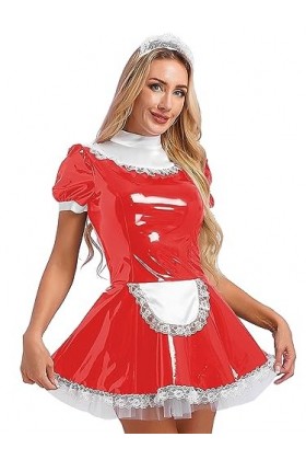 Agoky Robe De Soirée Cocktail Dentelle Déguisement Servante Femme De Chambre Sexy Soubrette Cuir Verni Costume Jeu De Rôle Un