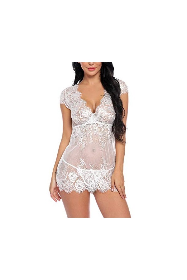 Sykooria Bodys Femmes Sexy Dentelle Dos Nu Lingerie Nuisette v col,B-blanc,XXL