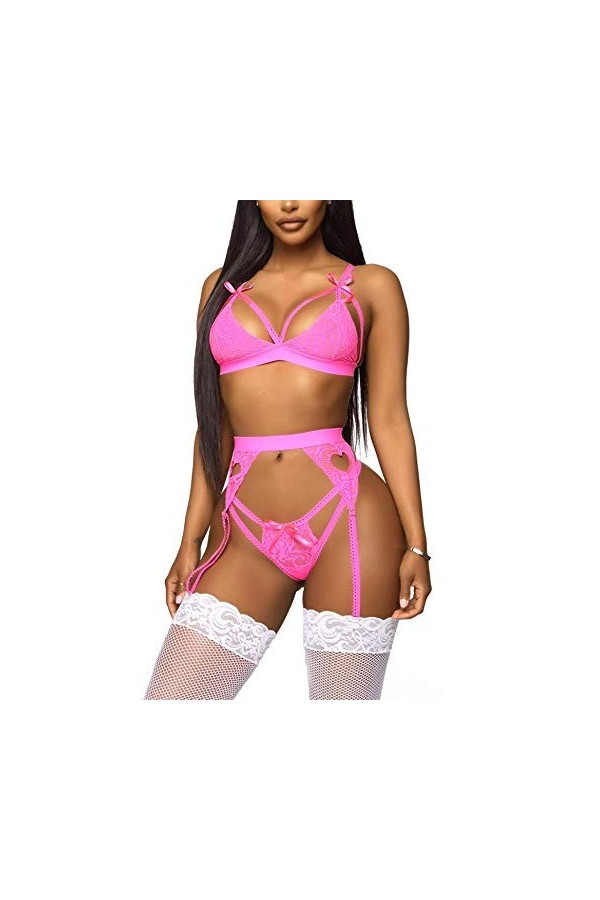 EVELIFE Femme Ensemble Lingerie Dentelle Brassière Jarretière Sexy Porte Jarretelles Soutiens-Gorge et G-String Rose S 