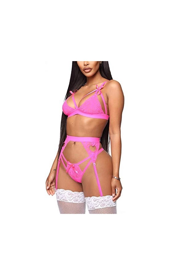 EVELIFE Femme Ensemble Lingerie Dentelle Brassière Jarretière Sexy Porte Jarretelles Soutiens-Gorge et G-String Rose S 