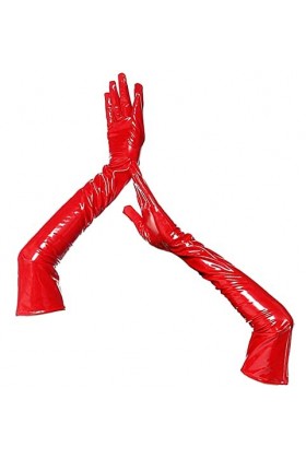 FEOYA Long Gants Femme Extensibles Sexy Gants Longs en Latex Cuir Brillan Adulte Rouge M