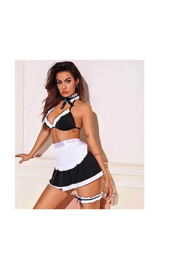 HOTSO Costume de soubrette française Lingerie pour femme Impression de mode Cosplay pour femme Mini jupe de servante Uniforme