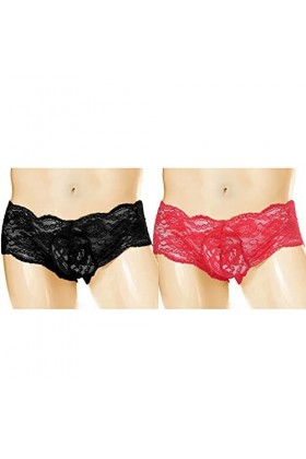 Anzhee Lot de 2 slips en dentelle pour homme sexy String Sous-vêtements pour homme, Noir/rouge, taille unique