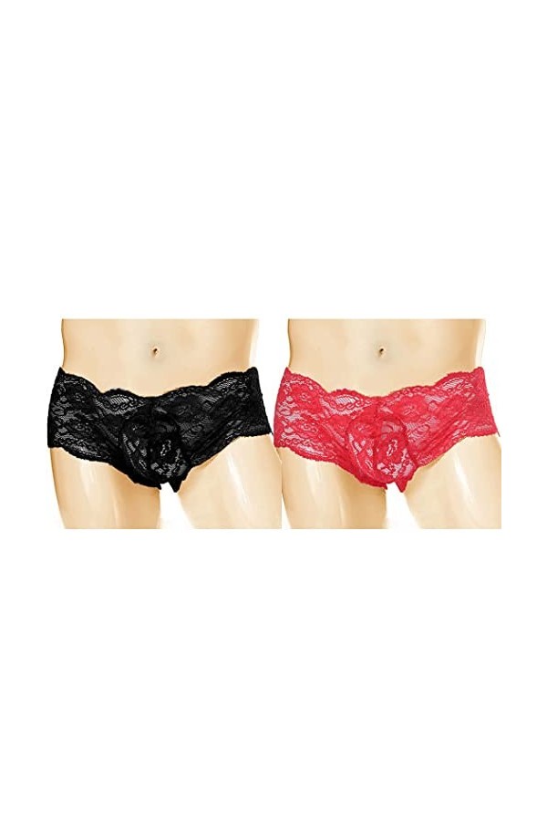 Anzhee Lot de 2 slips en dentelle pour homme sexy String Sous-vêtements pour homme, Noir/rouge, taille unique