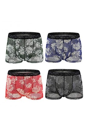 Seoilty 4pc Boxer Homme Imprimé Dentelle Transparent T-Back Culotte Taille Basse BombéE sous-VêTement De Nuit Culotte Sexy Re