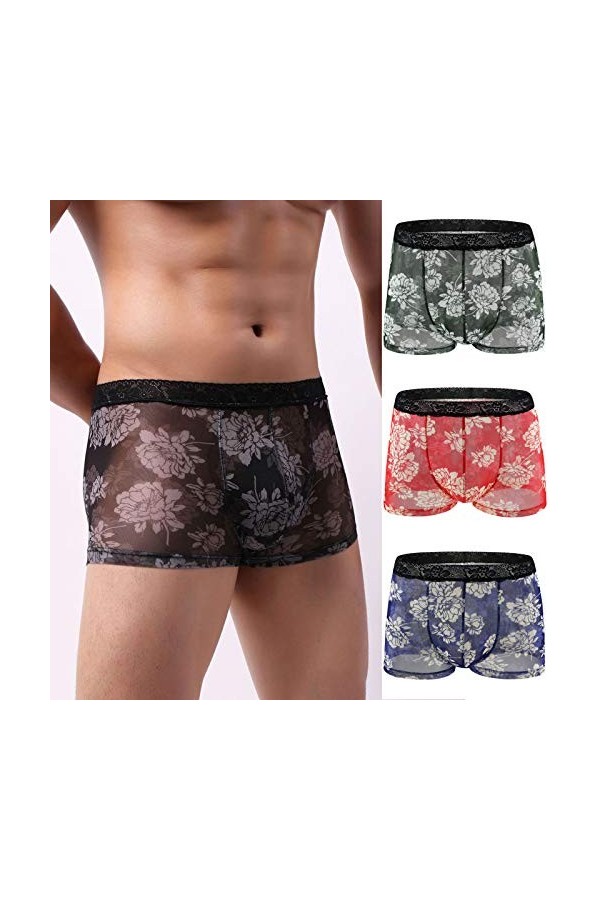 Seoilty 4pc Boxer Homme Imprimé Dentelle Transparent T-Back Culotte Taille Basse BombéE sous-VêTement De Nuit Culotte Sexy Re