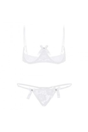 Lingerie Sexy Hot Chaude Ensemble De sous-Vêtements en Dentelle Bretelles Spaghetti Seins Exposés,Blanc,L