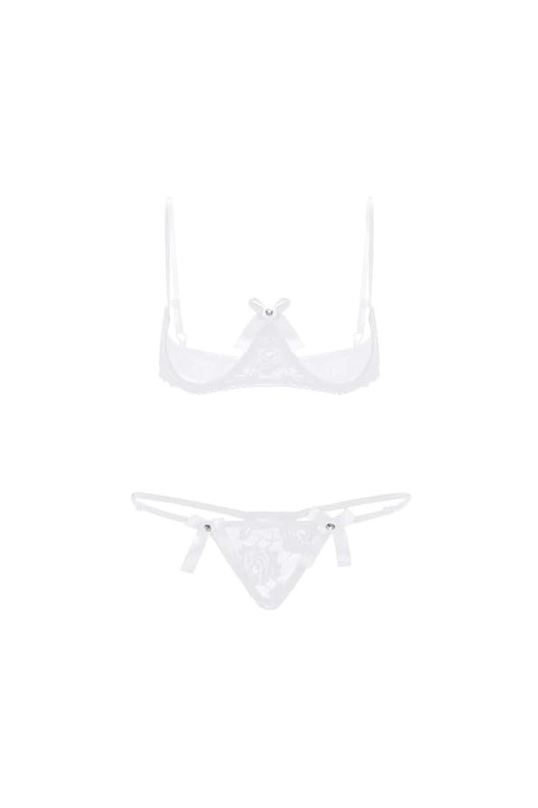 Lingerie Sexy Hot Chaude Ensemble De sous-Vêtements en Dentelle Bretelles Spaghetti Seins Exposés,Blanc,L