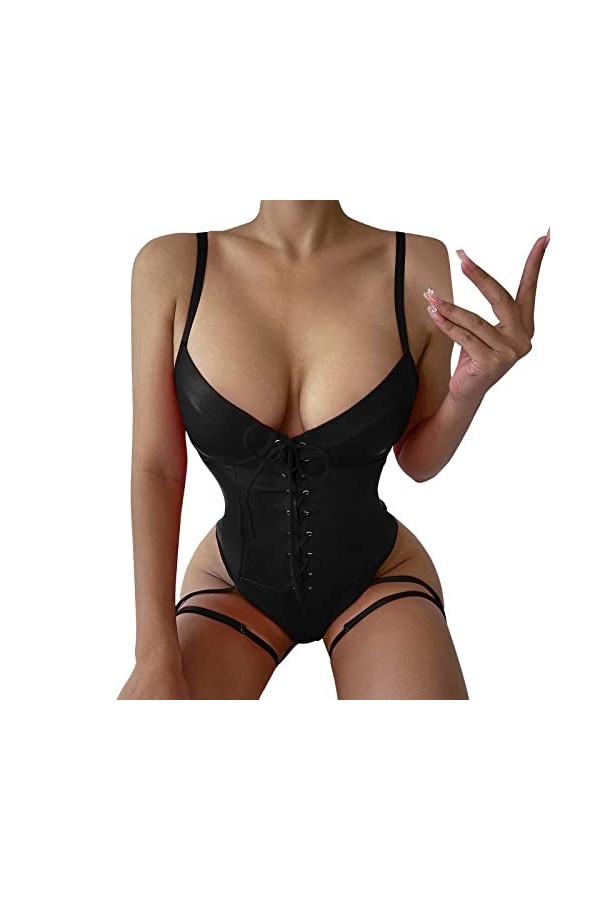 Pdakieyxnd Lingerie Sexy Femme Body Dos Nu en Cuir Noir Coquin Tenue Collant Sensuelle Body Chaud Ouverte Féminin Hot Dentell