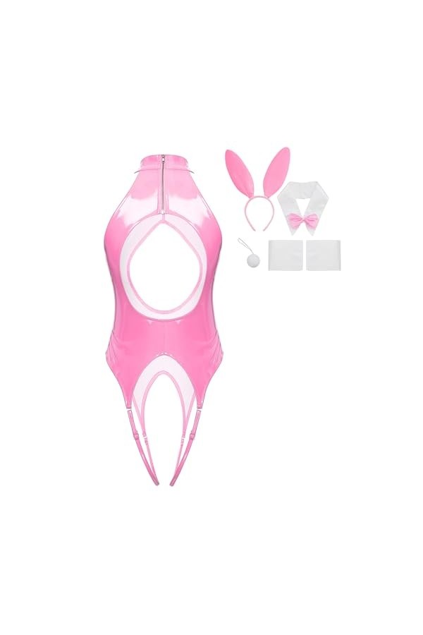 JEATHA Costume De Lapin Sexy Femme Bodysuit Sexy Ouvert Poitrine Catsuit Similicuir Sans Manches Ensemble Lingerie Séduction 