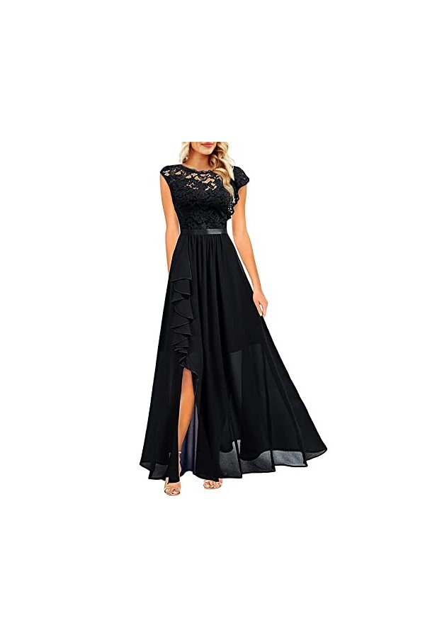 Robe de soirée pour femme - Dentelle patchwork - Col rond - Robe trapèze - Robe de fête irrégulière - Robe de soirée - Robe l